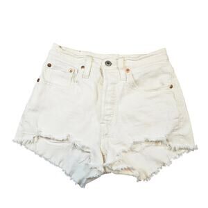 Levi’s 501 Shorts Womens 24 White Denim High Rise Distressed Raw Hem Button Fly